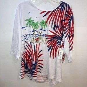 LINKS WHITE RED NAVY COLOR GOLD BEADED 3/4 SLEEVE TOP BLOUSE T SHIRT PLUS 3X NWT